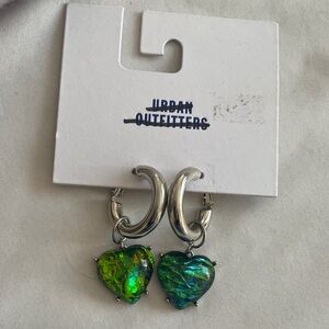 Urban Outfitters Silver Heart Earrings with Green and Blue Accents